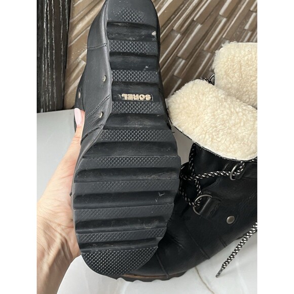 Sorel Joan of Arctic Leather Wedge Boots Black Heels Sz 9.5 Fur Wool Collar - Picture 14 of 16